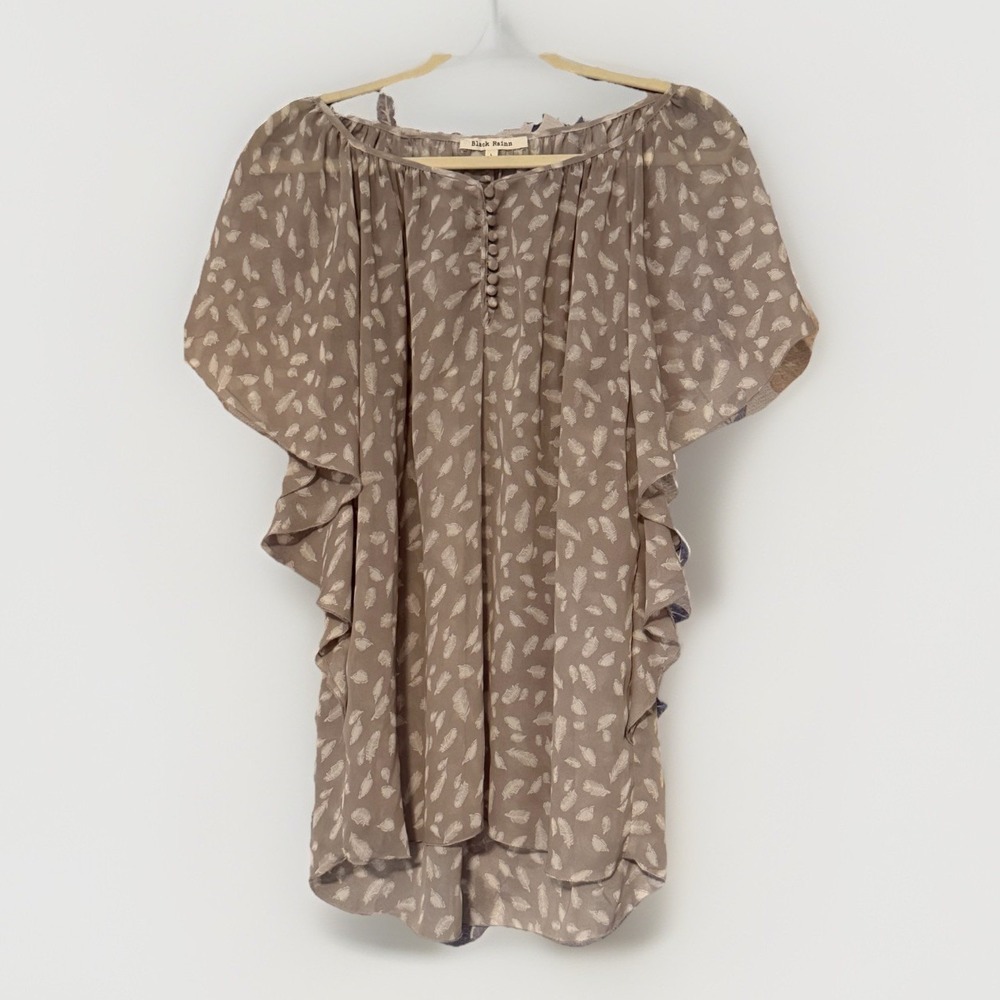 Black Rainn Boho Flowy Chiffon Sheer Feminine Flutter Sleeve Sz L Peasant Blouse